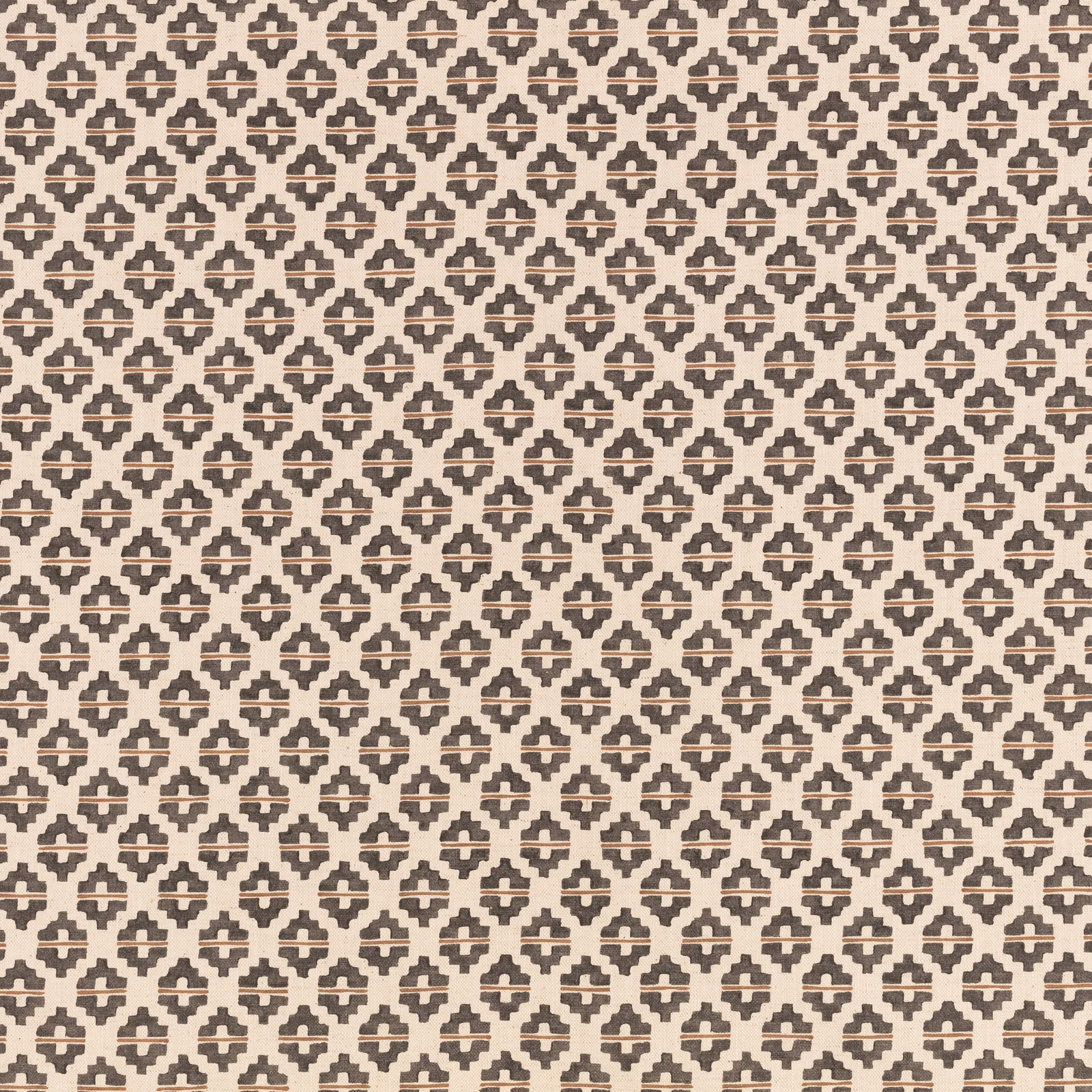 Warm ivory textile with repeated taupe-brown geometric motifs and fine woven texture