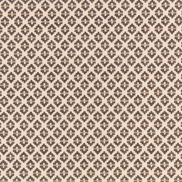 Warm ivory textile with repeated taupe-brown geometric motifs and fine woven texture