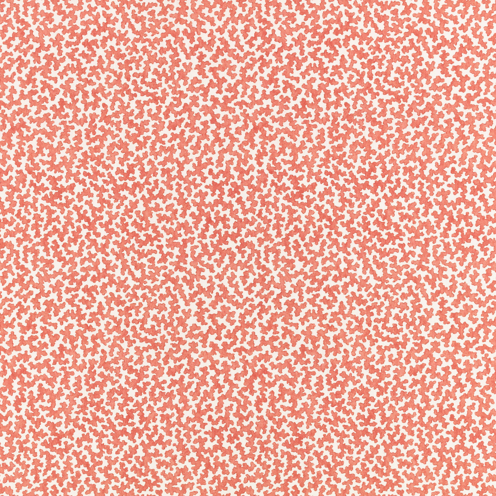 Dense coral-red marks scattered across a warm ivory fabric ground