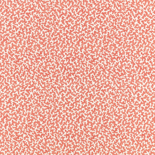 Dense coral-red marks scattered across a warm ivory fabric ground