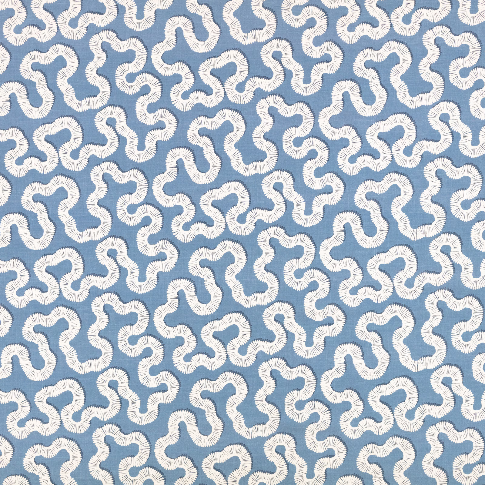 Cool Boathouse Blue textile with ivory looping motifs and a ridged woven texture