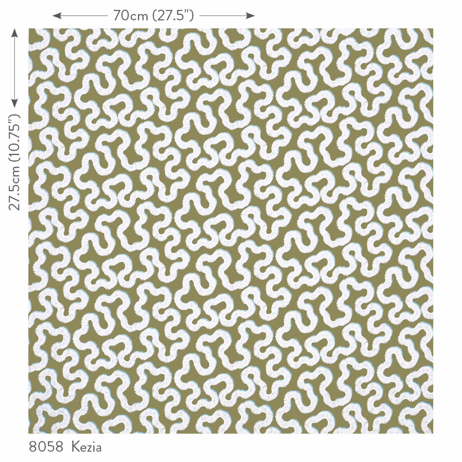 Muted matcha green fabric with dense cream rounded squiggle motifs