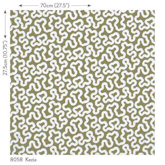 Muted matcha green fabric with dense cream rounded squiggle motifs