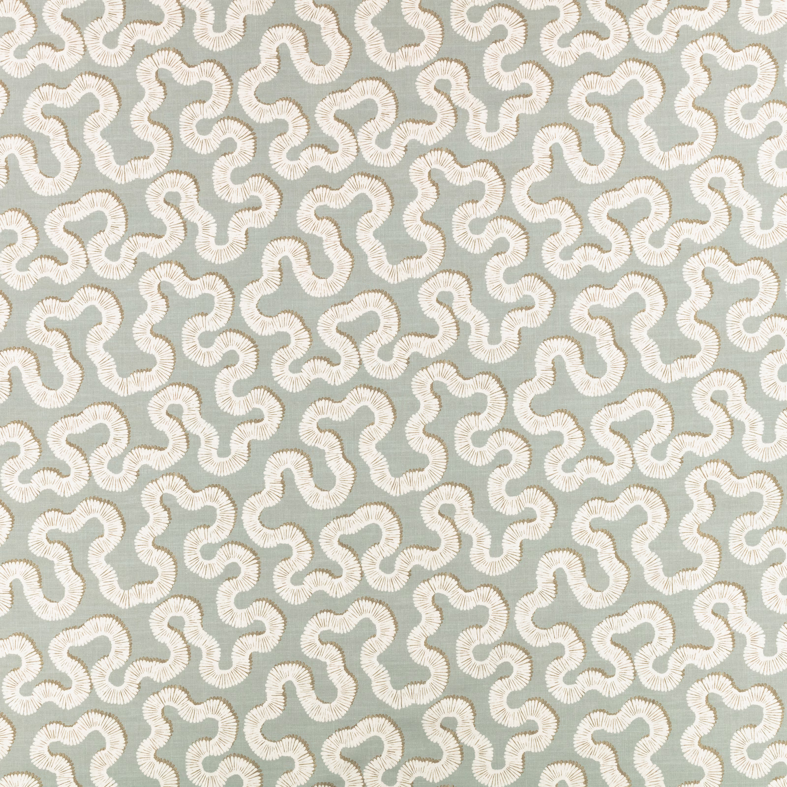 Pale blue-grey ground with looping ivory organic motifs and woven texture