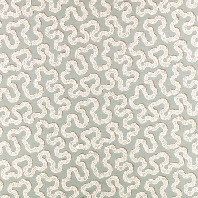 Pale blue-grey ground with looping ivory organic motifs and woven texture