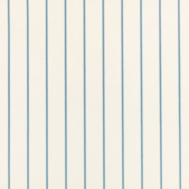 Cream wallpaper with evenly spaced muted blue pinstripes and fine vertical texture