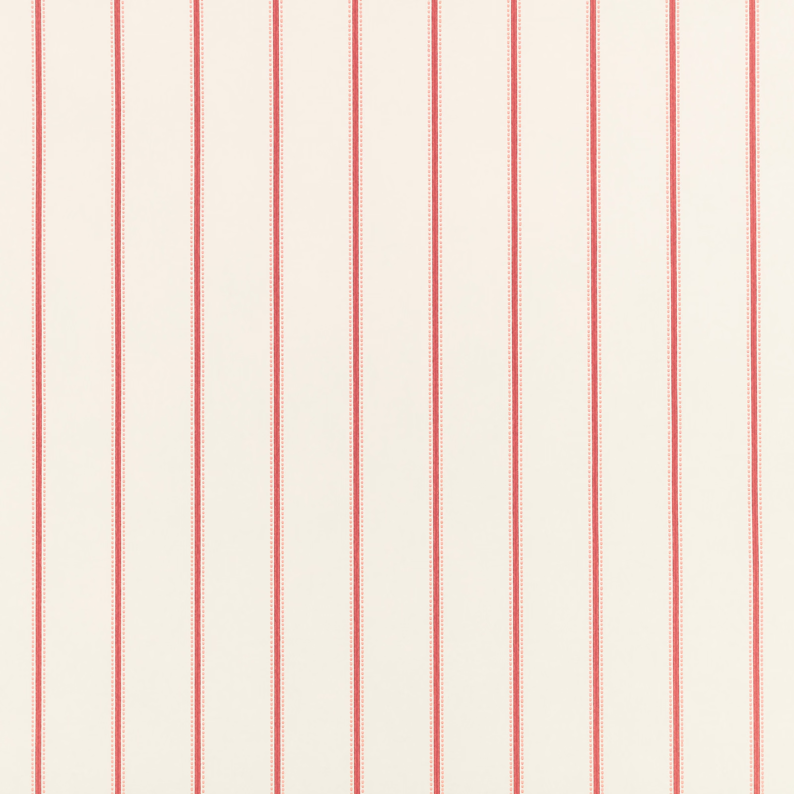 Warm ivory wallpaper with evenly spaced coral-red pinstripes and dotted edges