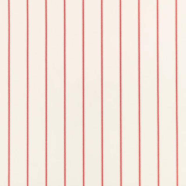 Warm ivory wallpaper with evenly spaced coral-red pinstripes and dotted edges