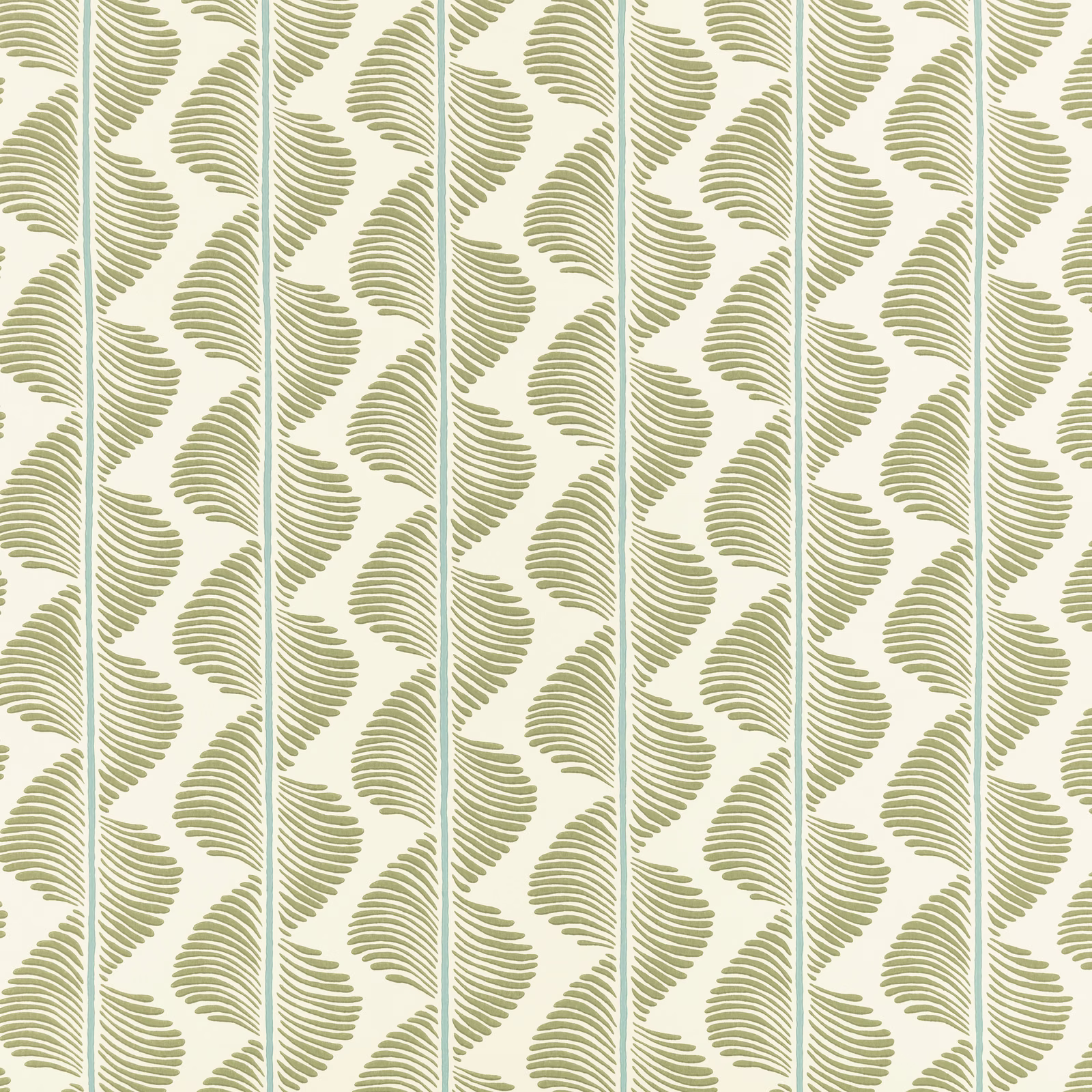 Muted aloe fern fronds on ivory with fine blue-green vertical lines