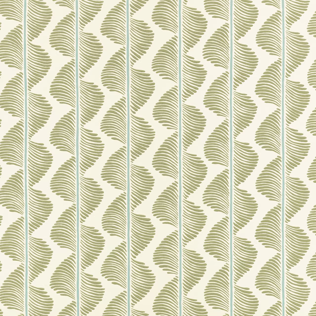 Muted aloe fern fronds on ivory with fine blue-green vertical lines
