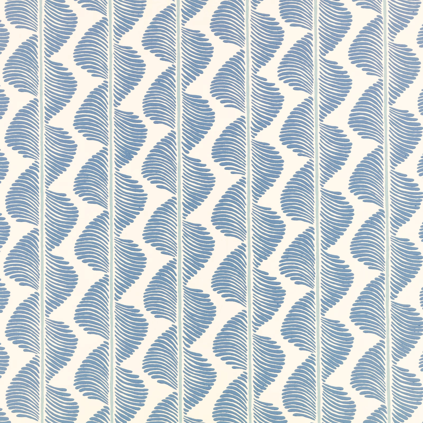 Cream wallpaper with repeating muted blue fern fronds in vertical rows