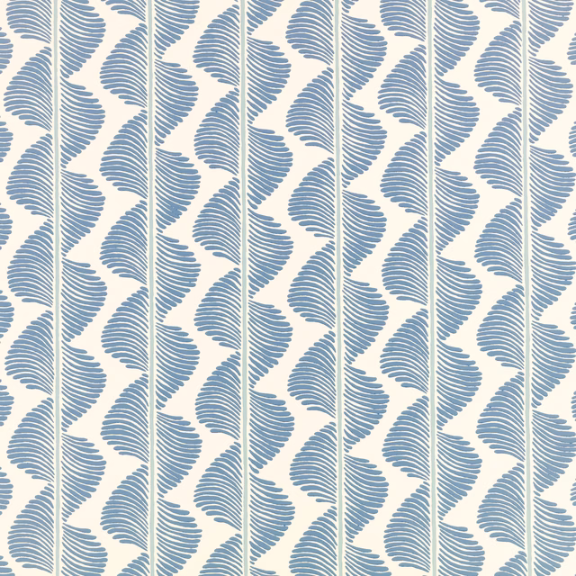 Cream wallpaper with repeating muted blue fern fronds in vertical rows