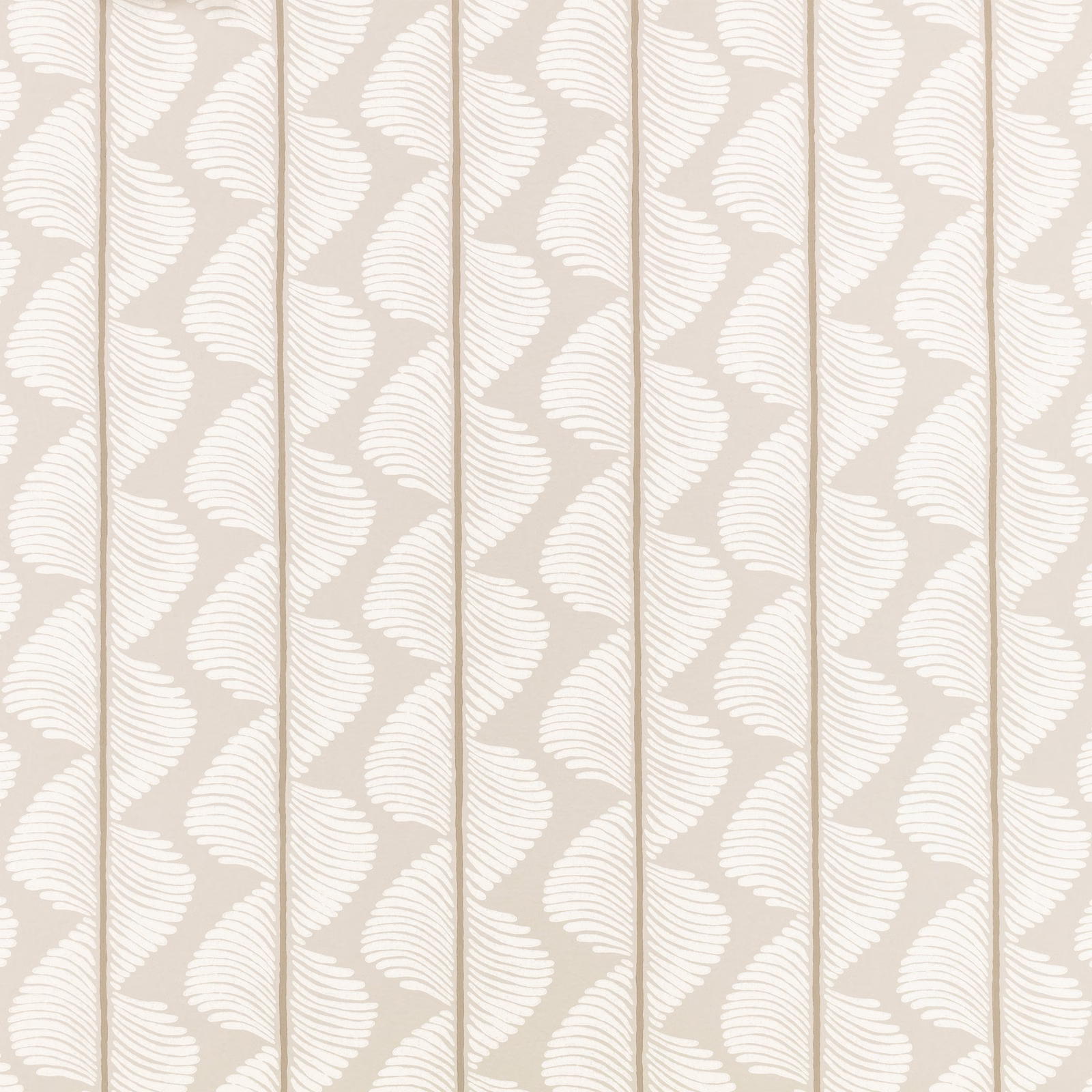 Warm husk-beige wallpaper with ivory feather-like leaves and slim vertical lines