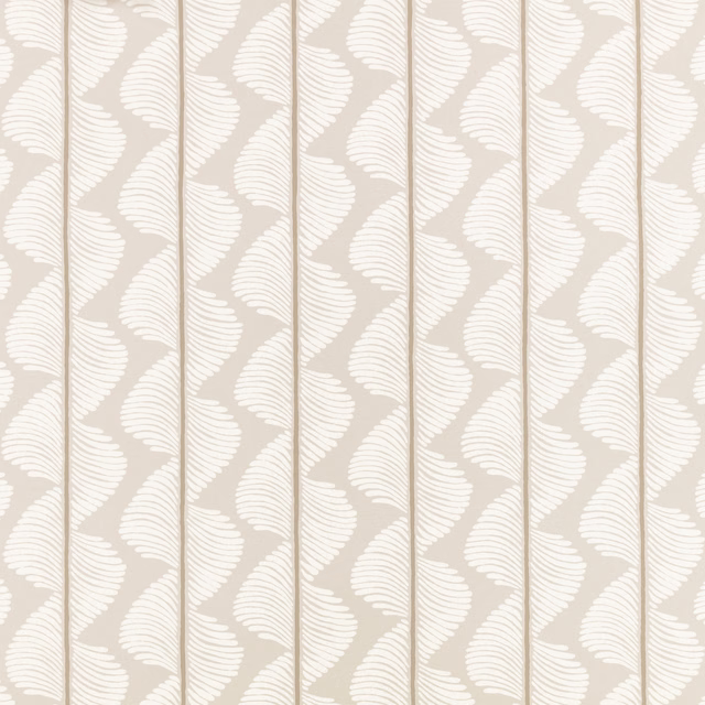 Warm husk-beige wallpaper with ivory feather-like leaves and slim vertical lines