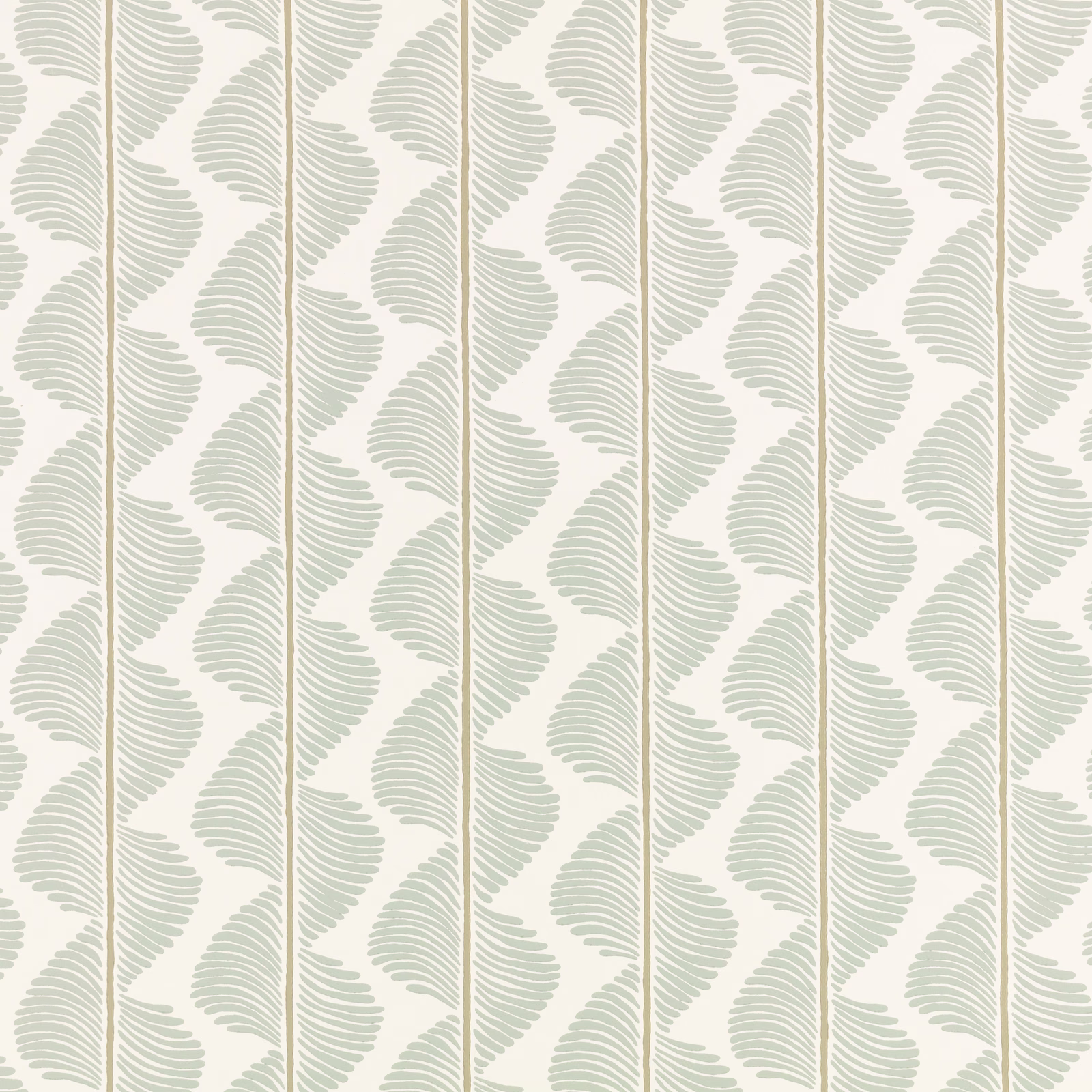 Pale sage fern fronds with beige vertical lines on an ivory wallcovering