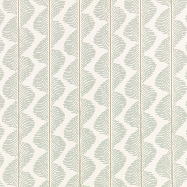 Pale sage fern fronds with beige vertical lines on an ivory wallcovering