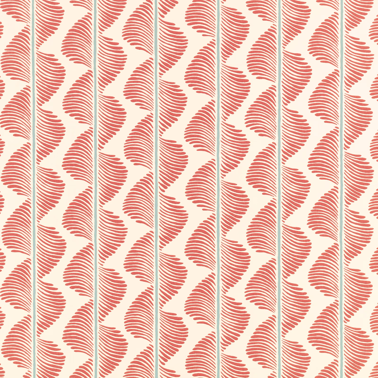 Pimento coral feathered fronds on cream wallpaper with slender teal vertical stems