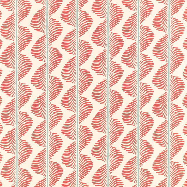 Pimento coral feathered fronds on cream wallpaper with slender teal vertical stems
