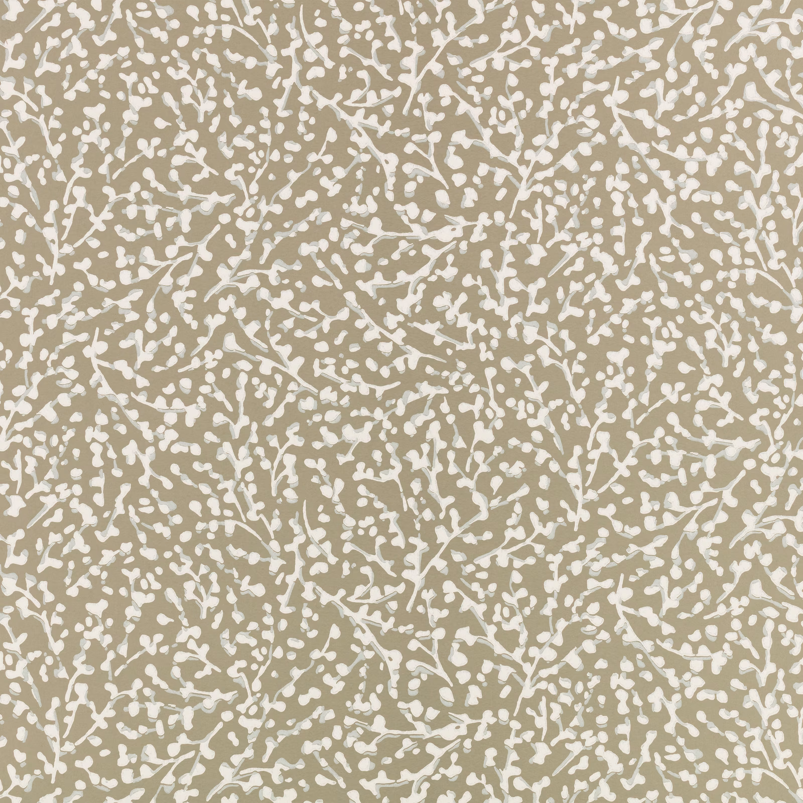 Taupe-grey wallpaper with dense ivory branching botanical marks