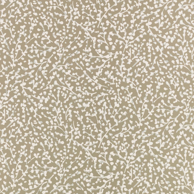 Taupe-grey wallpaper with dense ivory branching botanical marks