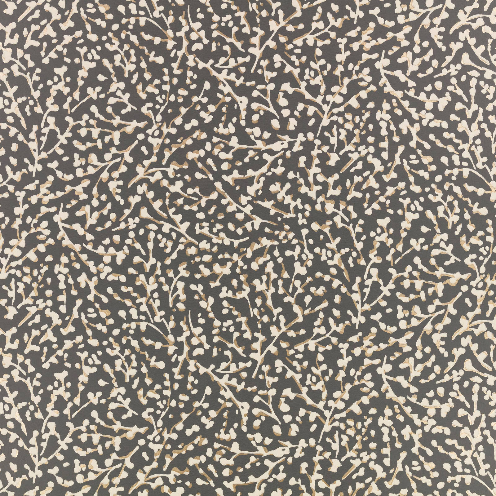 Charcoal-grey wallpaper with dense cream branching marks and mottled organic texture