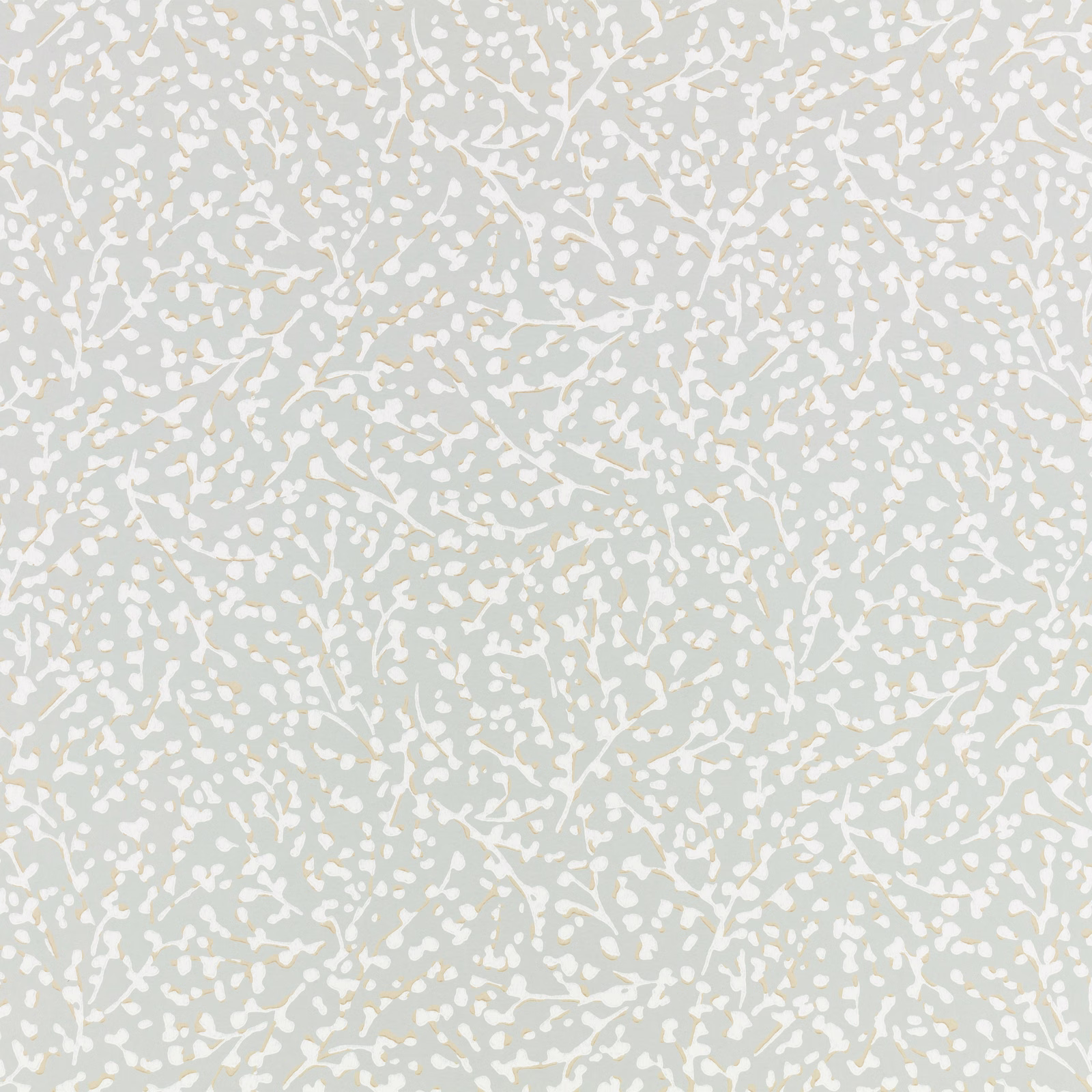 Pale blue-grey wallpaper with dense ivory twig-like marks and delicate mottling