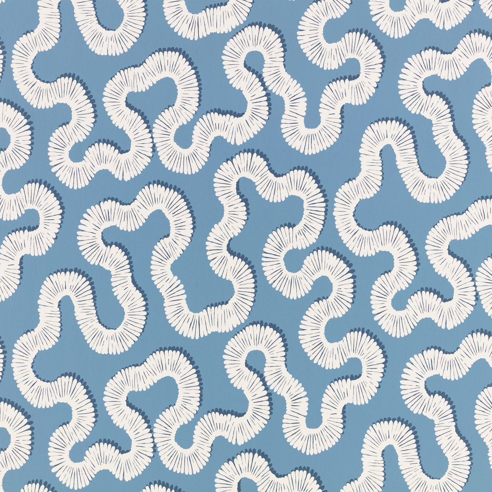 Boathouse blue wallpaper with looping cream, fan-textured serpentine motifs