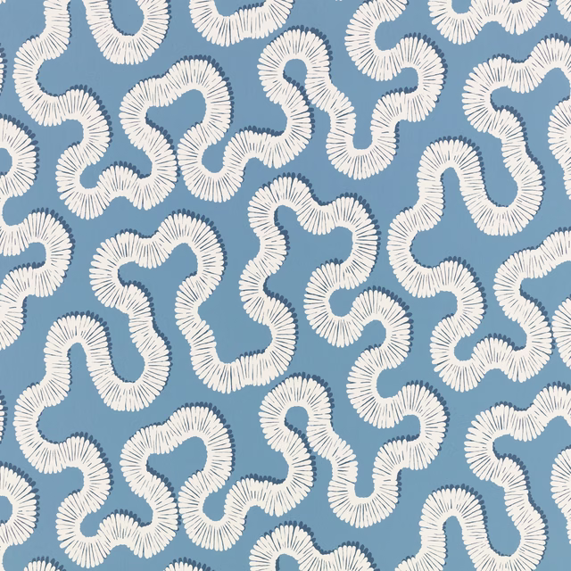 Boathouse blue wallpaper with looping cream, fan-textured serpentine motifs