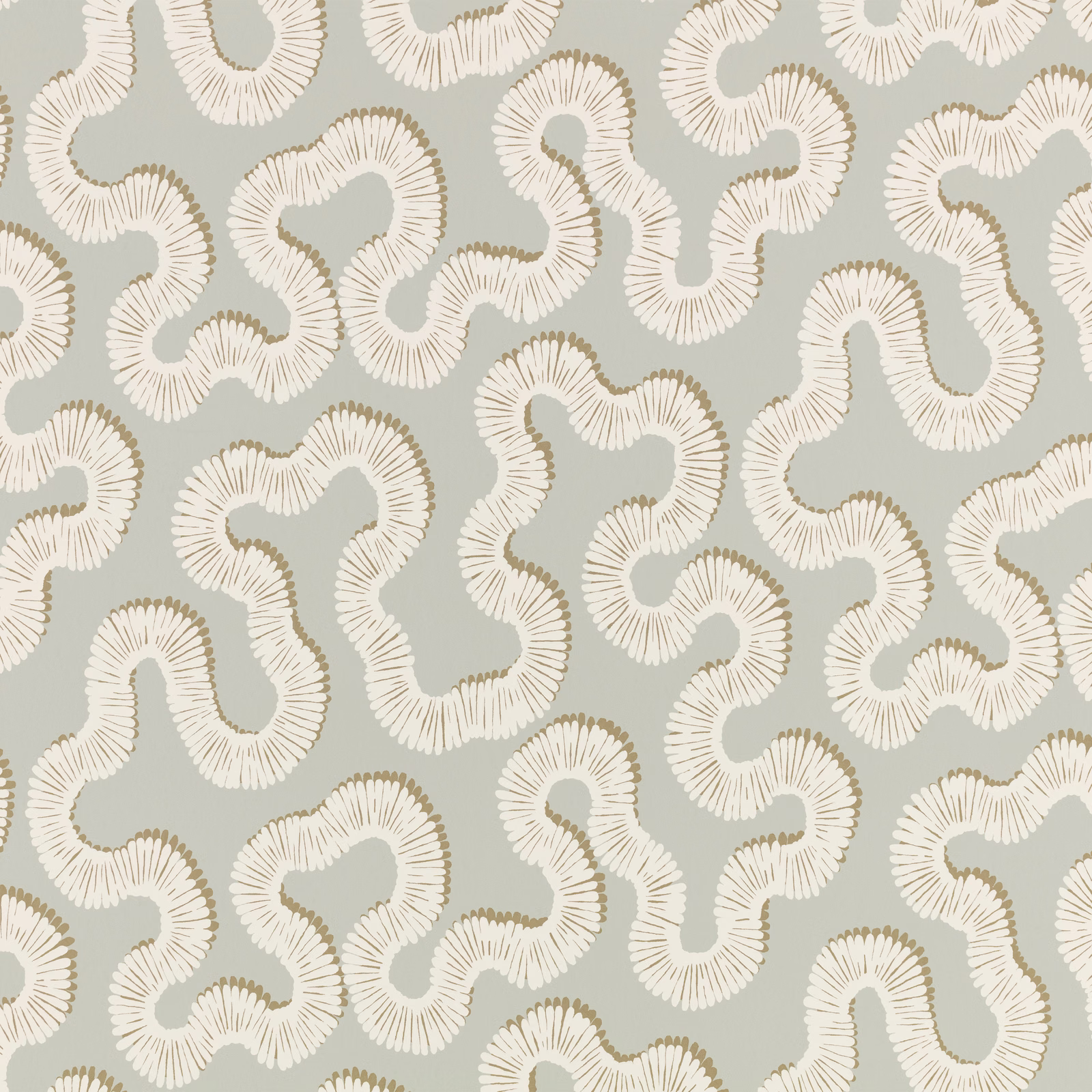 Muted eau de nil wallpaper with cream looped motifs and fine radiating linework