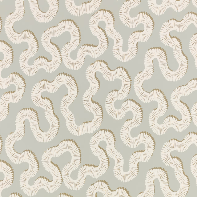 Muted eau de nil wallpaper with cream looped motifs and fine radiating linework
