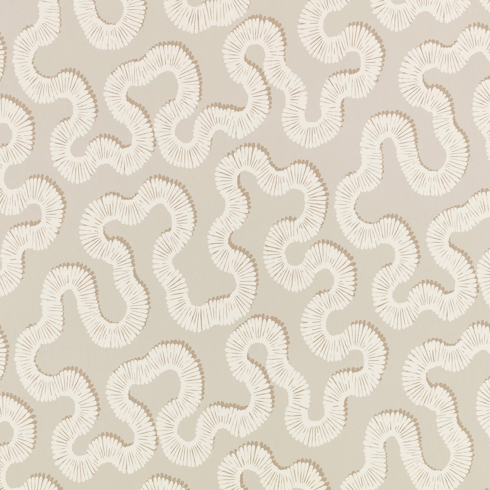 Warm taupe wallpaper with looping ivory ribbed motifs in an abstract repeating pattern