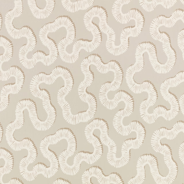 Warm taupe wallpaper with looping ivory ribbed motifs in an abstract repeating pattern