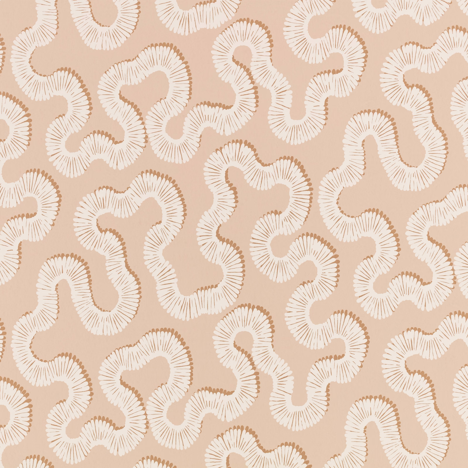Tuscan pink-beige wallpaper with cream ribbed, looping organic motifs