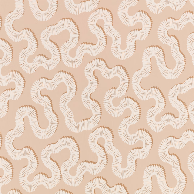 Tuscan pink-beige wallpaper with cream ribbed, looping organic motifs