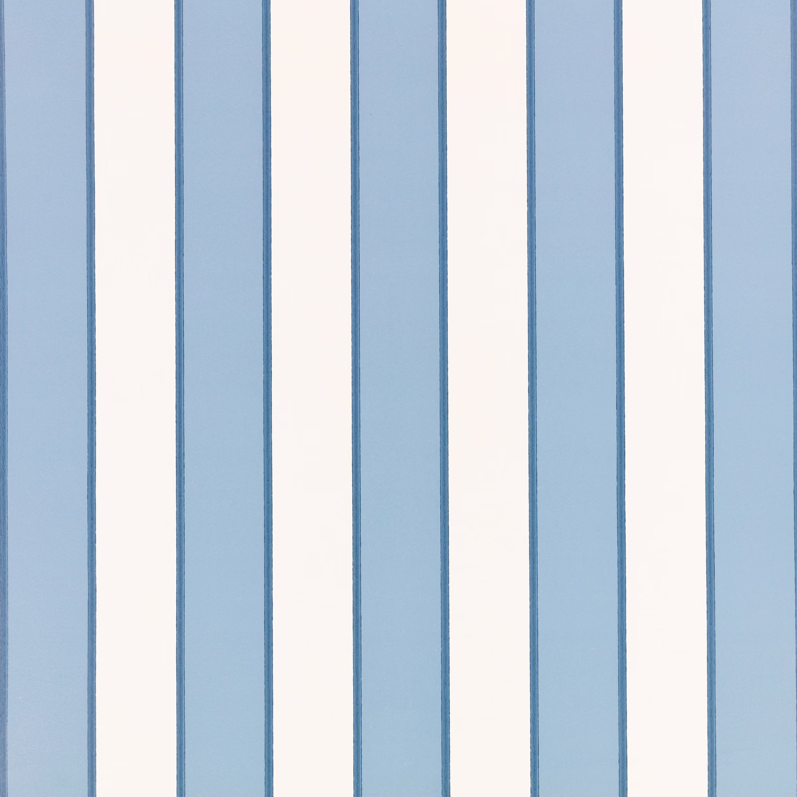 Cool pale-blue and ivory wallpaper with broad vertical stripes and darker blue edging