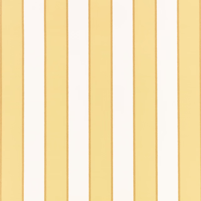 Muted hay-yellow wallpaper with broad vertical stripes, ochre lines and off-white gaps