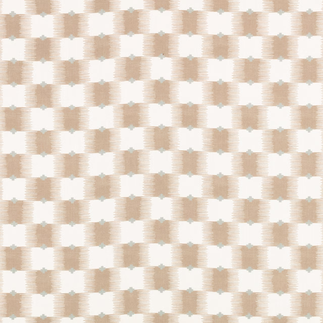 Warm almond and ivory grid fabric with fine ribs and tiny sage cross accents