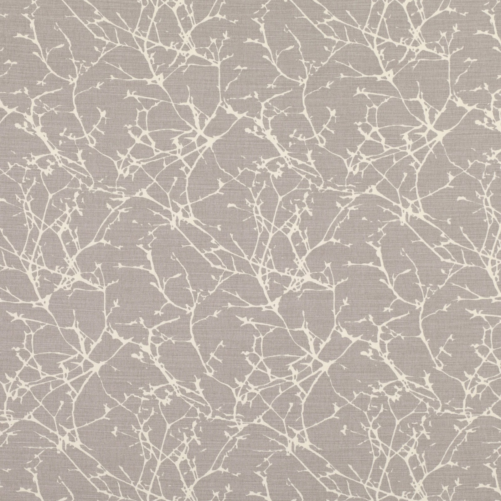 Warm taupe-grey fabric with an all-over cream branching twig motif and woven texture