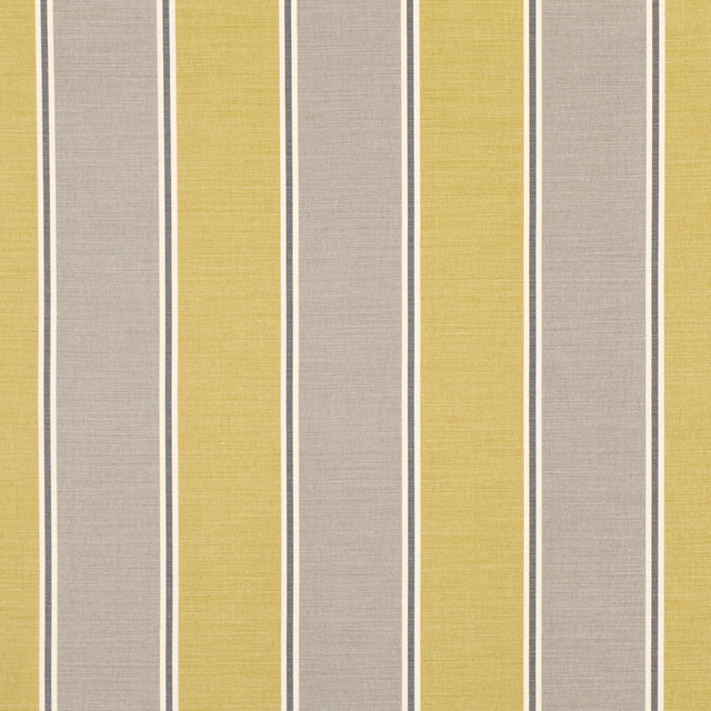 Mustard yellow and taupe woven fabric with broad vertical stripes and fine contrasting lines