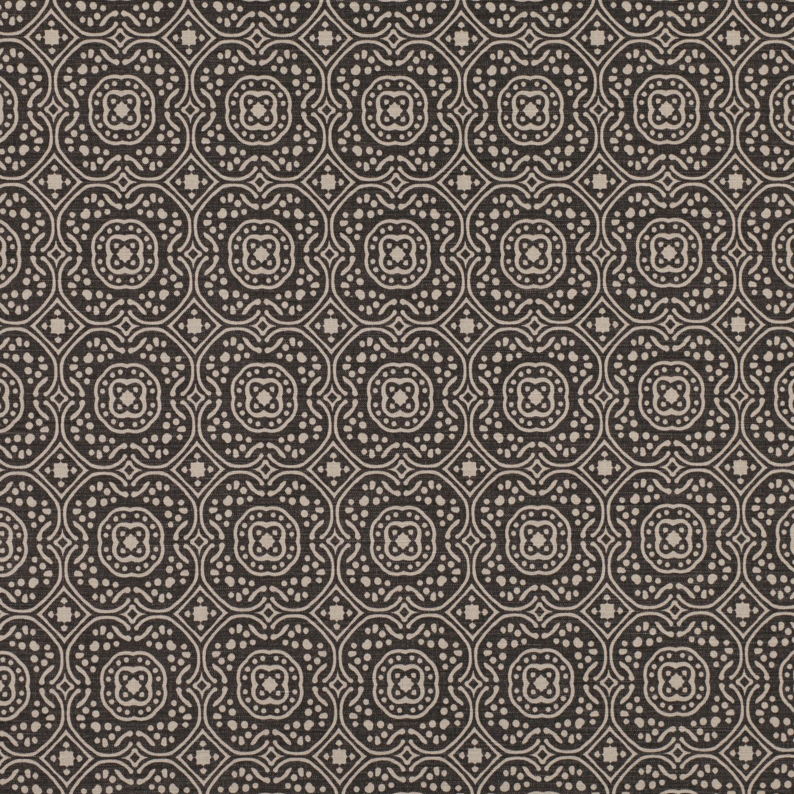 Charcoal textile with cream dotted medallions, curved lattice lines and subtle grain