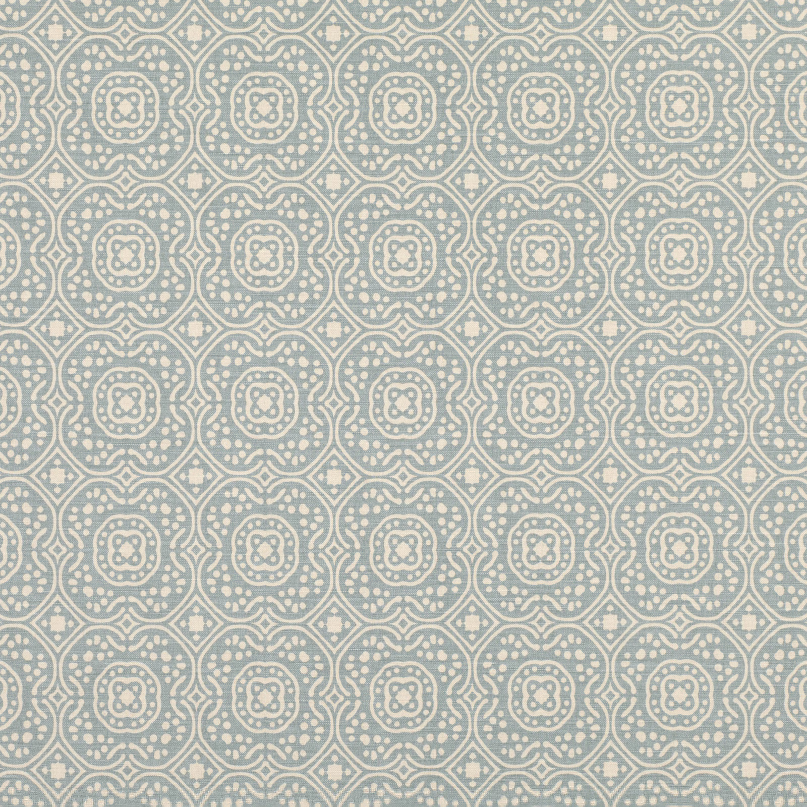 Muted French blue textile with ivory medallions, diamonds and linked geometric lines