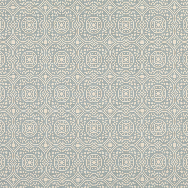 Muted French blue textile with ivory medallions, diamonds and linked geometric lines
