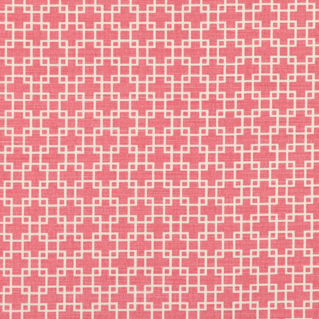 Warm coral-pink textile with a cream interlocking geometric lattice and lightly textured surface