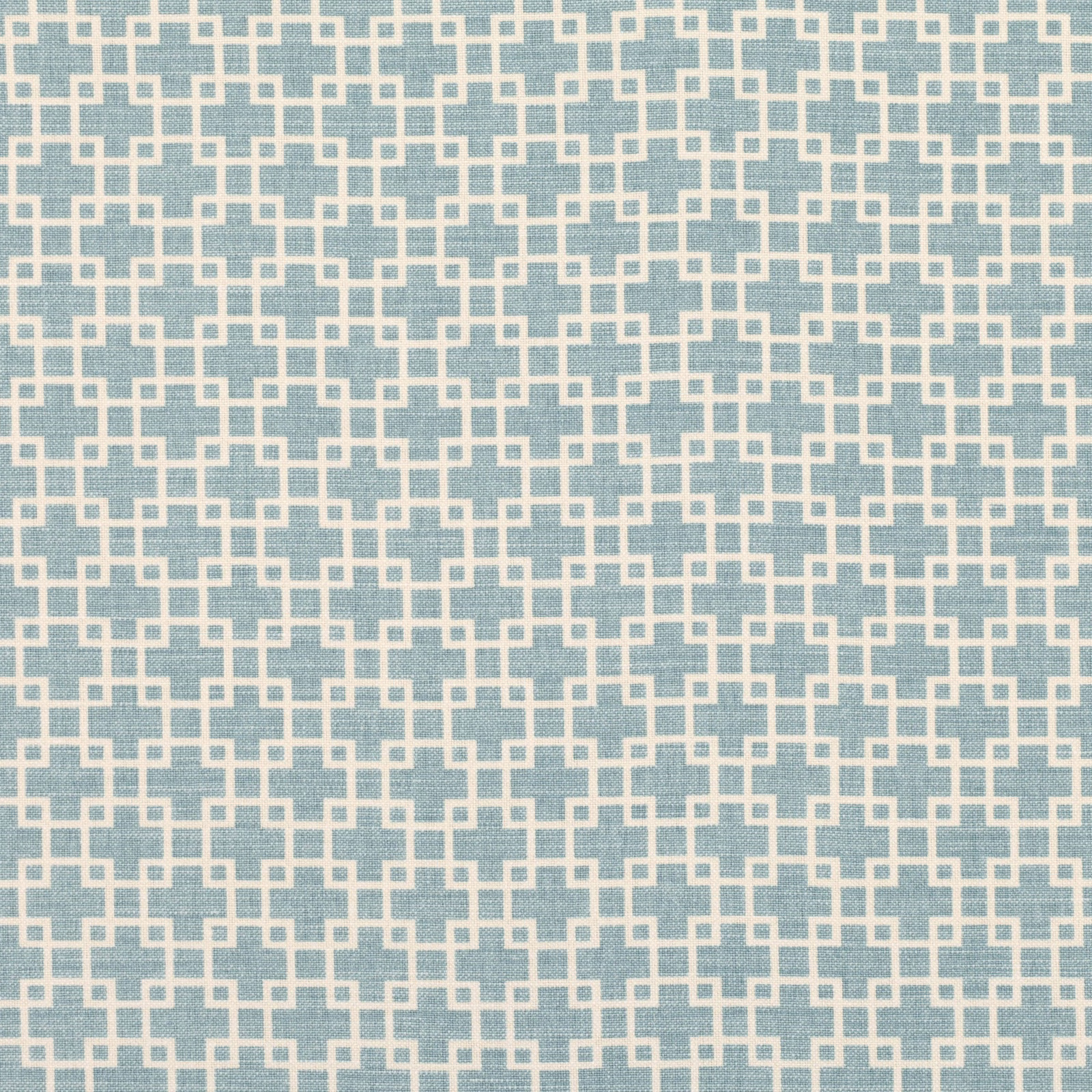 Muted tourmaline blue-green woven fabric with an ivory interlocking lattice pattern