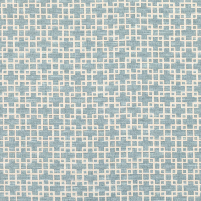 Muted tourmaline blue-green woven fabric with an ivory interlocking lattice pattern