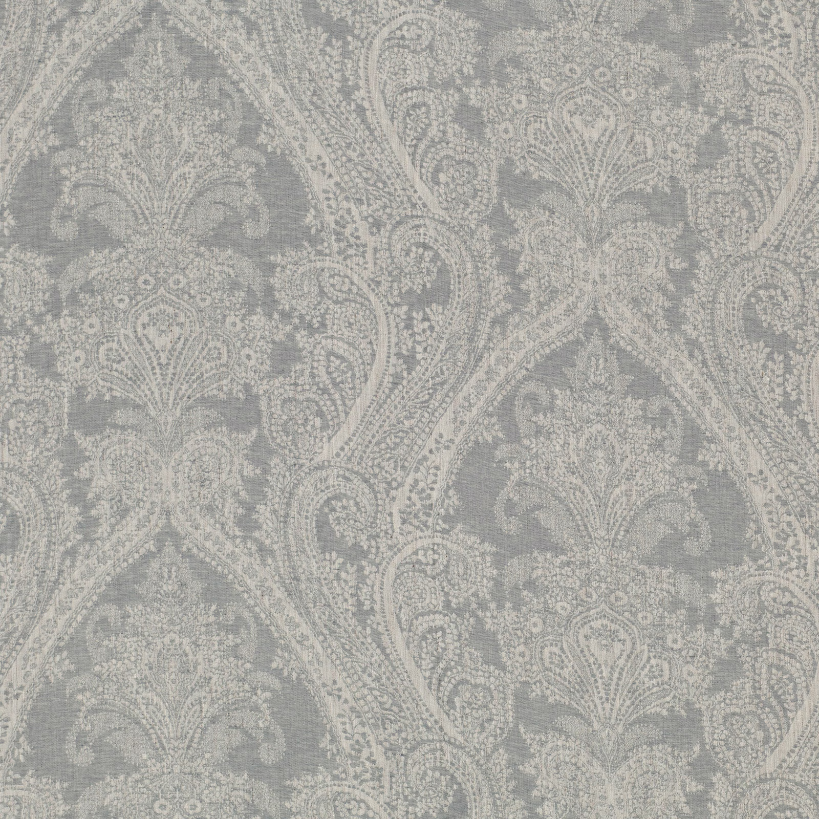 Cool silver-grey fabric with pale ivory paisley and ornate damask motifs