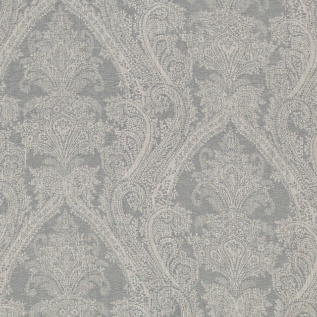 Cool silver-grey fabric with pale ivory paisley and ornate damask motifs