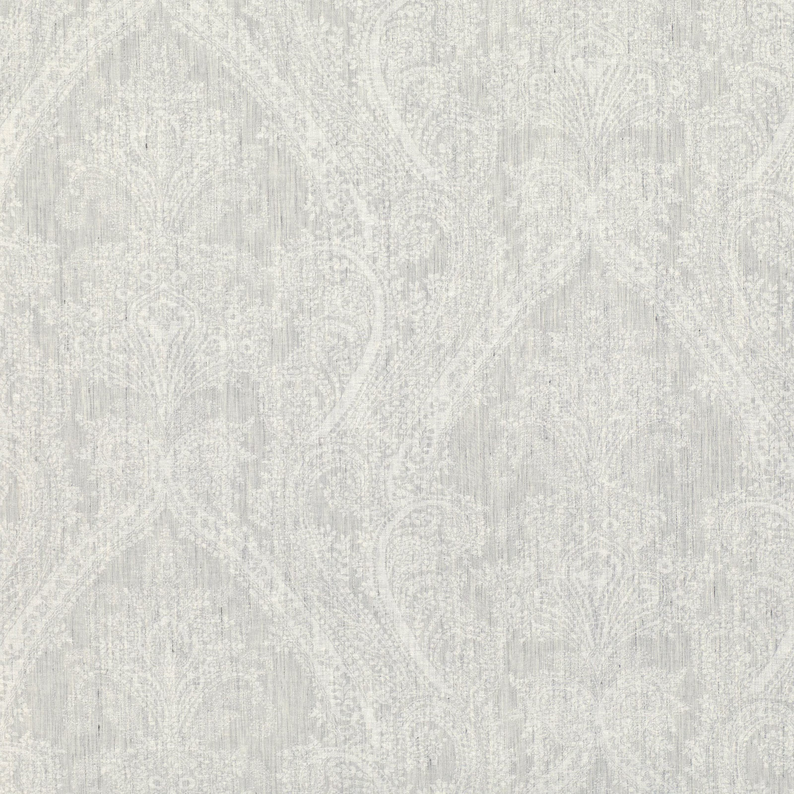 Pale pigeon-grey textile with faded paisleys and fine vertical woven texture