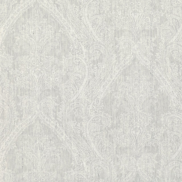 Pale pigeon-grey textile with faded paisleys and fine vertical woven texture