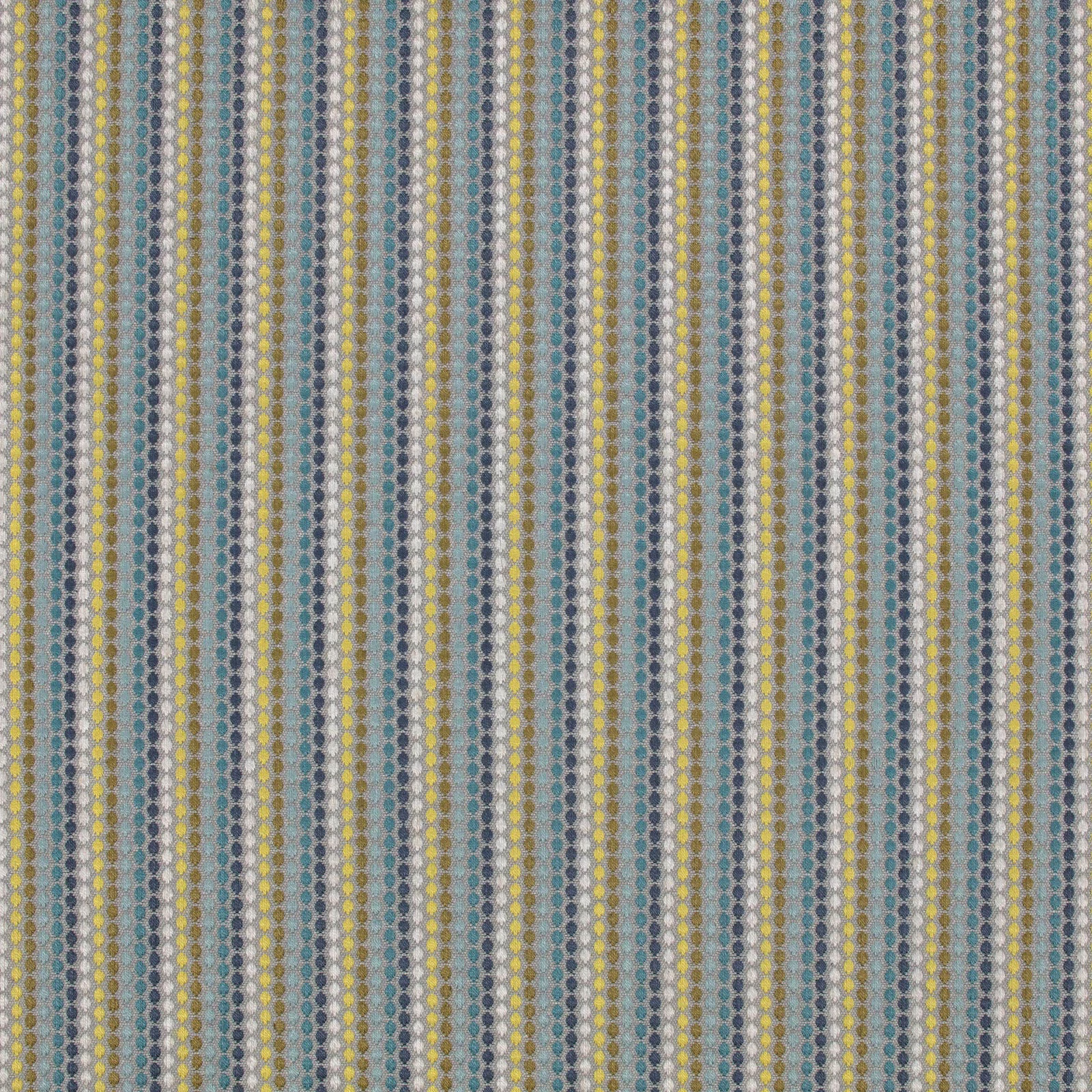 Muted teal, grey, cream and ochre woven stripes with tiny geometric motifs